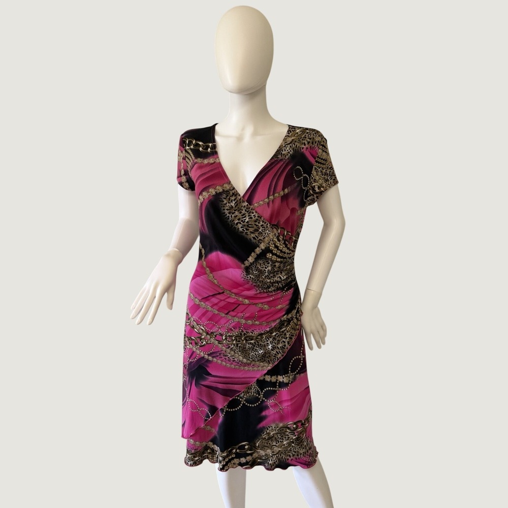 NWT Joseph Ribkoff Sheath Dress Cap Sleeve Chain Animal Print Pink Black Gold 10
